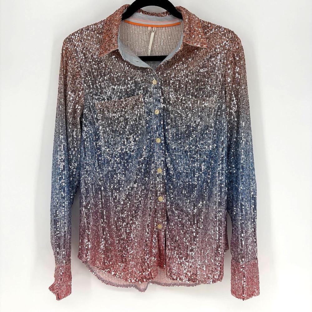 Anthropologie Ombre Sequin Button Down Blouse Pink Silver Mesh Top NWT S - Picture 2 of 13